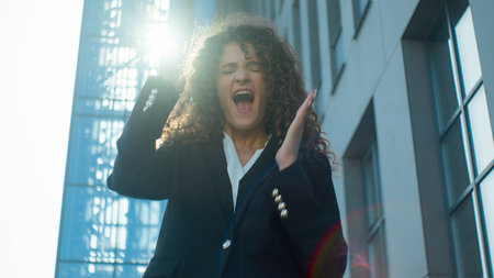 Happy excited joyful Caucasian woman female girl businesswoman lady celebrate scream shock surprise...