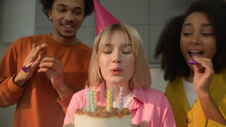 Multiracial friends multiethnic people happy excited scream shout yell rejoice celebrate at home...