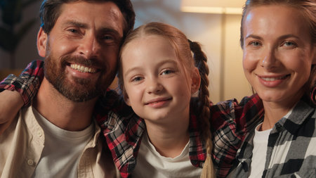Happy family portrait at home evening carefree parents mother woman man father kissing in cheeks...