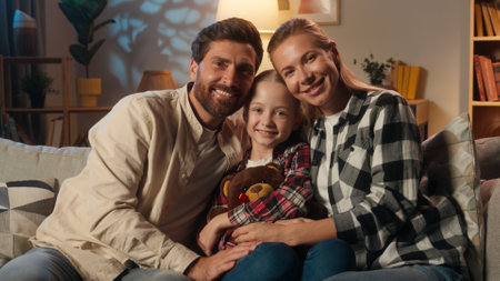 Caucasian family mother woman man father parents with child kid girl daughter together spending time relaxing on couch at home in evening night watching TV film movie television weekend cozy huggingの写真素材