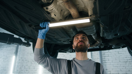 Caucasian man guy repairman auto mechanic working underneath lifting vehicle at garage station checking automobile steel details suv truck maintenance using work illuminate light at repair car serviceの写真素材