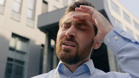 Frustrated stressed disappointed Caucasian male holding mobile phone error app failure lost upset bad news man businessman guy business chat smartphone problem online internet trouble in cityの写真素材