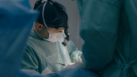 Doctor man in uniform physician surgeon medic nurse performing surgical operation at hospital clinic plastic surgery microsurgery saving life patient health emergency medical help medicine healthcareの写真素材