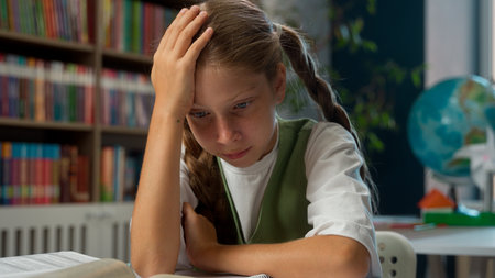 Suffering tired upset Caucasian little girl sad schoolgirl child school kid pupil learner student...
