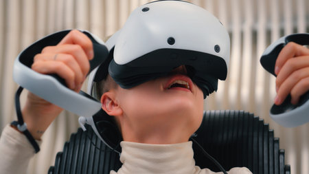 Future technology exploring 3d cyber simulation Caucasian woman girl gamer in VR glasses gaming...