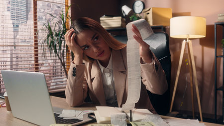 Worried upset shocked Caucasian business woman female girl businesswoman office worker salesman accountant read many bills large check paper money loss crisis shock bankruptcy tax work laptop indoorsの写真素材