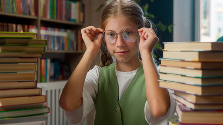Cute adorable smiling Caucasian little girl kid schoolgirl school child pupil student learner...