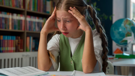 Sad Caucasian little girl school child kid upset schoolkid pupil frustrated overworked learner...