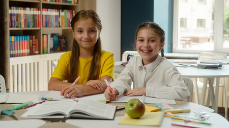 Happy little kids Caucasian girls children pupils friends school students education classmates...