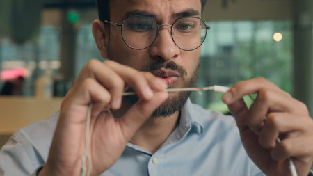 Angry sad Indian man Arabian male business guy employee worker manager mad frustrated worried businessman in cafe stressed problem earphones breakdown wire disrupt break headphones technology troubleの写真素材