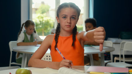 Caucasian little girl sad offended teenager daughter kid pupil student schoolgirl dissatisfied...