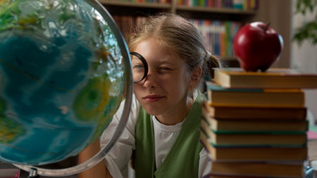 Curious funny adorable intelligent Caucasian little girl playful schoolgirl child school kid pupil learner student looking globe through magnifying glass studying education world map exploring indoorの写真素材
