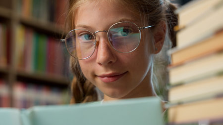 Close up clever smart intelligent Caucasian little girl playful schoolgirl child school kid pupil...