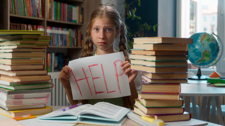 Scared fatigued upset Caucasian little girl child kid schoolgirl school pupil learner student looking camera showing paper sign help too much homework schoolwork overload mental burnout in classroomの写真素材