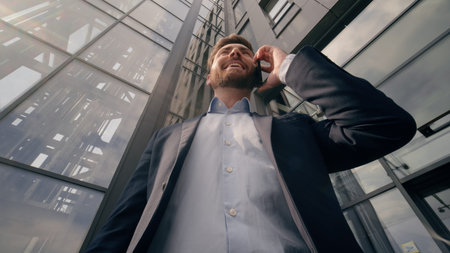 Bottom view emotional happy talking mobile phone call negotiate corporate smartphone communicate...