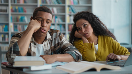 Tired African American man Latino Indian Arabian woman students classmates boredom sleepy textbooks books typing laptop teamwork difficult project exam university high school library page female maleの写真素材
