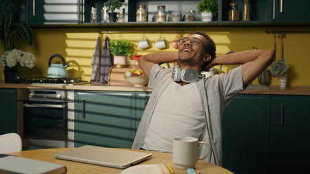 African American guy ethnic business man student finish online studying computer shopping food...