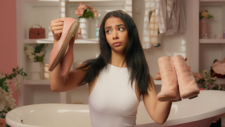 stylish woman girl female shopper buyer customer shopping select style at home glamour bathroom choose shoes choice fashion wardrobe uncertain doubt unsure shrug shouldersの写真素材