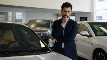 Caucasian man businessman touching car thinking client buyer automobile choosing choose rental service male buying pondering vehicle salon decision transport store thoughtful guy customer dealershipの写真素材
