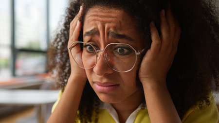 African American girl student using laptop studying online businesswoman holding head failure lost...