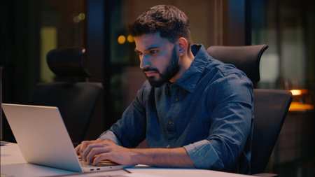 Stressed manager businessman frustrated male guy at night evening office overworked deadline problem...