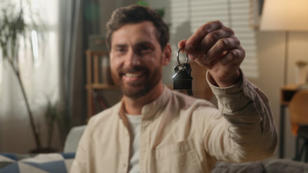 Smiling Caucasian guy man middle-aged male homeowner holding keys new home happy tenant real estate agent loan mortgage buying own apartment relocation moving bank credit house insurance investmentの写真素材