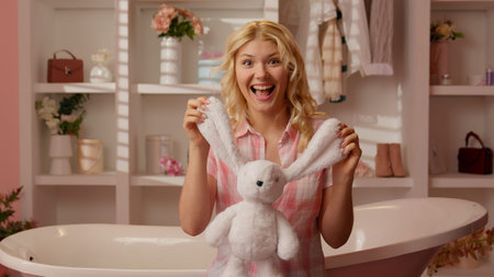 Caucasian teen girl teenager woman happy holding white rabbit gift present by long ears smiling...