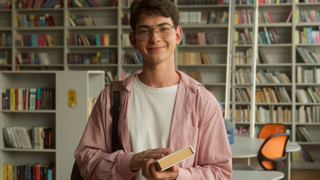 Close up male student portrait in school library guy man pupil teenager thinking pensive looking at...