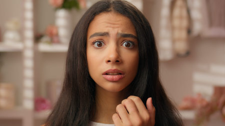 Hispanic woman shocked girl Latina teen female close up wide open mouth scary fright impressed face...