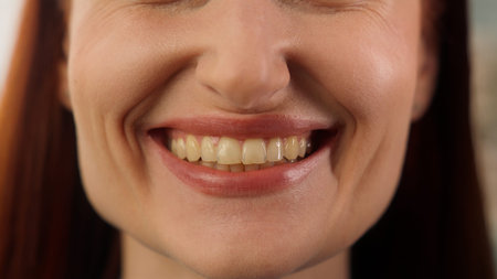 Close up lips unrecognizable Caucasian business woman girl face part smiling businesswoman mouth...