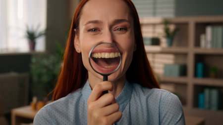 Caucasian business woman girl happy businesswoman holding magnifying glass magnifier near face investigator scientist research in office looking at camera smiling zooming teeth healthy smile laugh funの写真素材