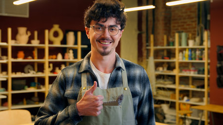 Caucasian man smiling in pottery workshop cheerful happy male potter artisan craftsman guy small...
