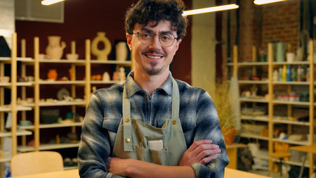 Smiling man portrait Caucasian guy male sculptor artist potter happy craftsman designer master small...