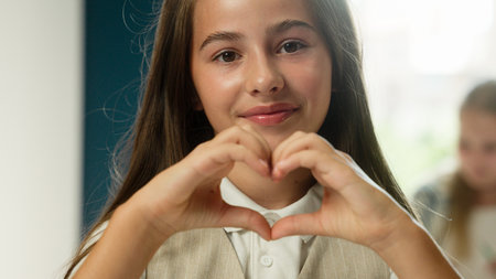 Caucasian little girl portrait smiling child teen kid schoolgirl teenager school student learner pupil pretty lovely daughter looking camera heart love sign hands gesture loving study class educationの写真素材