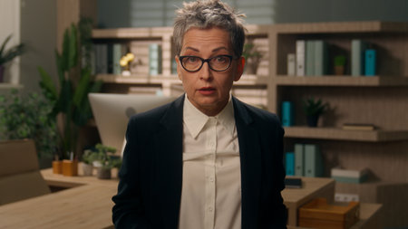 Portrait in office company serious negative authority confident Caucasian 60s woman business female businesswoman mature senior employer old middle-aged entrepreneur crossed hands looking at cameraの写真素材