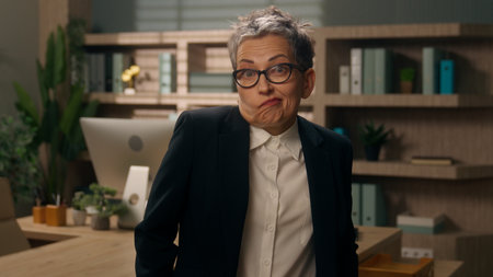 Caucasian doubt old business woman senior businesswoman shrugging shoulders dont know answer solution problem in office unsure spread hands confused puzzle mature female looking at camera fail loseの写真素材