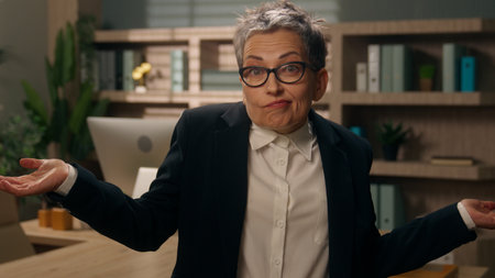 Caucasian doubt old business woman senior businesswoman shrugging shoulders dont know answer solution problem in office unsure spread hands confused puzzle mature female looking at camera fail loseの写真素材