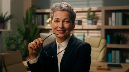 In office pensive thinking thoughtful old Caucasian woman business female businesswoman mature senior employer middle-aged holding eyeglasses smiling come up with idea looking at camera put on glassesの写真素材