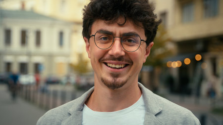Hispanic man smiling outdoors in urban street portrait of guy male employer in city smile toothy dental health happy close up glad success cheerful positive business manager businessman in glassesの写真素材