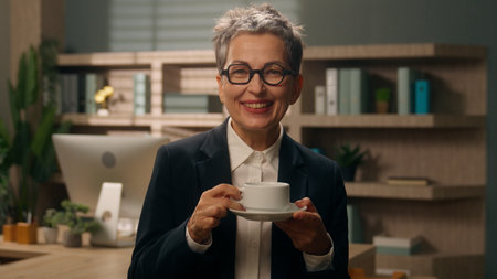 In office tired sleepy Caucasian woman business female businesswoman mature senior employer old middle-aged manager yawning luck low energy unrecognizable hand give cup of coffee drinking smilingの写真素材