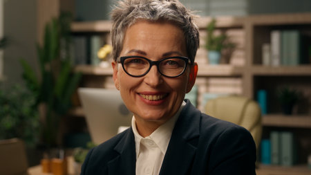 Caucasian business woman senior businesswoman laughing smiling joy fun in office mature female worker retired old employer looking at camera smile laugh funny humor joyful carefree emotion cheerfulの写真素材