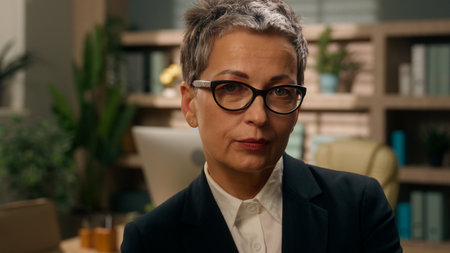 Portrait in office company serious negative authority confident Caucasian 60s woman business female businesswoman mature senior employer old middle-aged entrepreneur crossed hands looking at cameraの写真素材