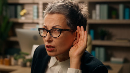 Portrait serious Caucasian business woman old businesswoman senior mature female retired employer holding hand near ear trying hear listening secret hearing listen say what in office looking at cameraの写真素材