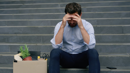 Stressed Caucasian middle aged business man lost job fired work sitting stairs near office building with dismissal box businessman male suffering sad thinking trouble crisis financial failure dismissの写真素材