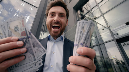Close up happy excited middle-aged Caucasian business man counting money cash dollars banknotes...