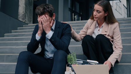 Caucasian stressed male man guy with box sitting on stairs of office businessman dismissed from work business dismiss unemployment woman female girl businesswoman friend support calm console in cityの写真素材