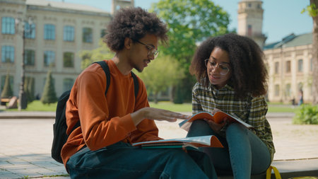Two students African American woman girl female talking study teamwork outdoor communicate conversation with guy man male discuss homework copybook studying preparing to exams education in city campusの写真素材