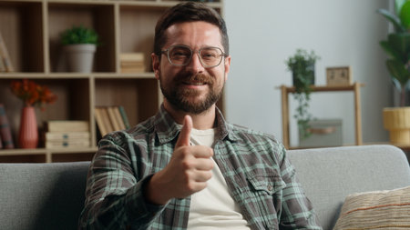 At home smiling gadget addict man guy male using mobile phone app smartphone social media receive message offer good news showing thumb up recommend internet service order food delivery like gestureの写真素材