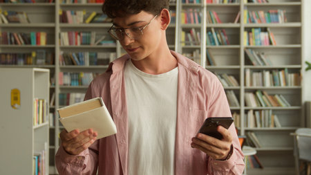 Male student man guy teenager in library choosing between book and smartphone dropping copybook away...