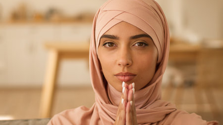 Woman in hijab close eyes hope praying God folded palms in pray religion culture prayer Arabian lady at home portrait Islamic Muslim Indian girl female face close up business eastern Islam traditionの写真素材